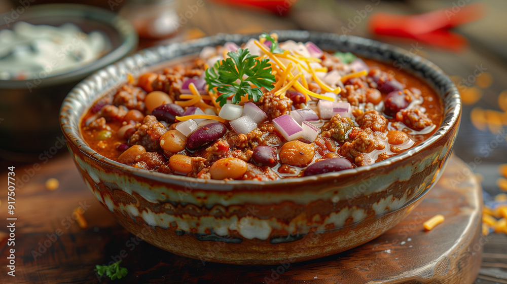 closeup of a hearty bowl of chili con carne topped with shredded cheese, chopped onions, and garnished with parsley closeup of a hearty bowl of chili con carne topped with shredded cheese, chopped onions, and garnished with parsley