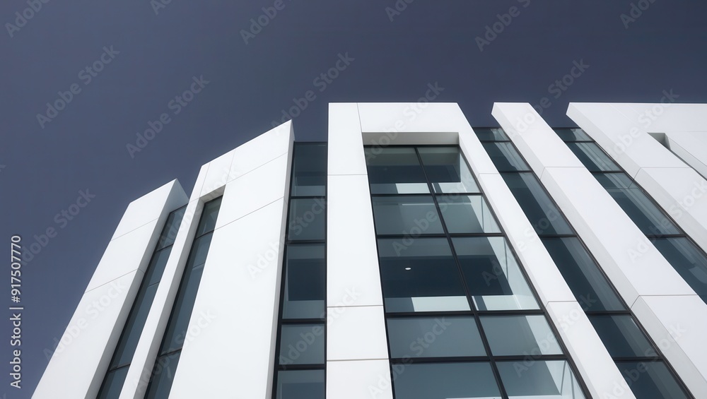 Modern architectural design featuring sharp lines, large glass windows, and a minimalist white facade, contrasting sharply with a clear, deep blue sky Modern architectural design featuring sharp lines, large glass windows, and a minimalist white facade, contrasting sharply with a clear, deep blue sky