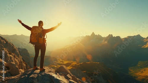 Hiker Reaches Summit With Arms Outstretched, Celebrating Mountaintop Success