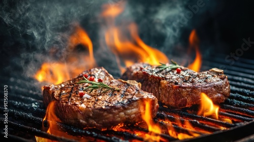 Perfectly Grilled Steaks on a Sizzling Grill