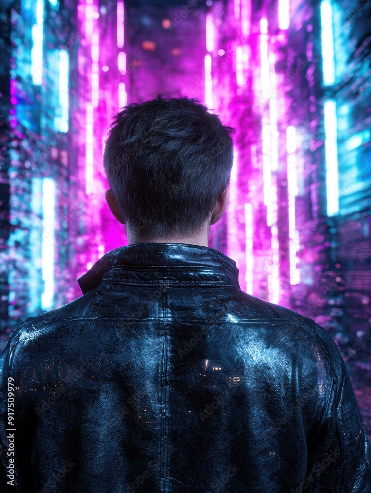 Obraz premium person in leather jacket standing in colorful city lights
