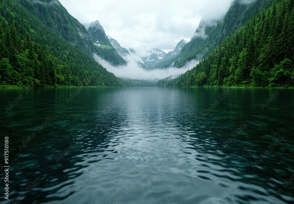 Serene mountain lake surrounded by lush forests Serene mountain lake surrounded by lush forests