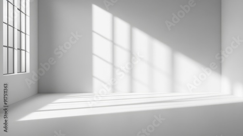 Abstract white studio background for product presentation. Empty room with shadows of window. Display product with blurred backdrop. stock photo