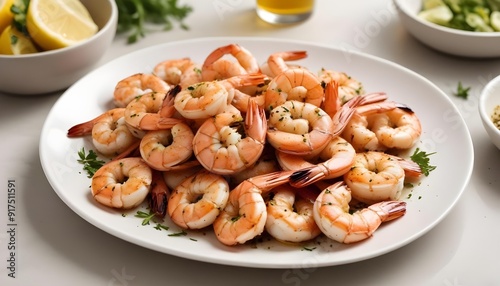 A plate of grilled shrimp with herbs and spices , served on a kitchen counter