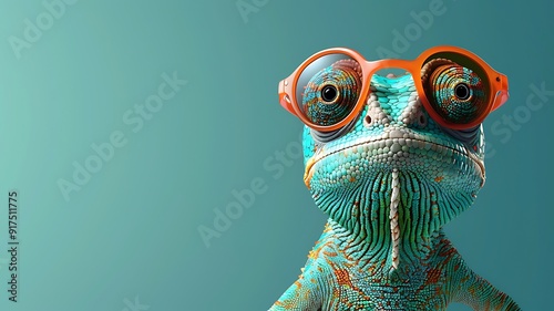 cartoon illustration of chameleon wearing sunglasses with text copy space