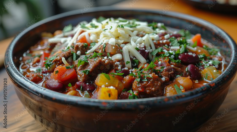 a classic chili con carne bowl, topped with melted cheese, diced onions, and parsley accents a classic chili con carne bowl, topped with melted cheese, diced onions, and parsley accents