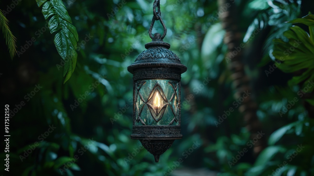 Ornate lantern hanging in lush green foliage Ornate lantern hanging in lush green foliage
