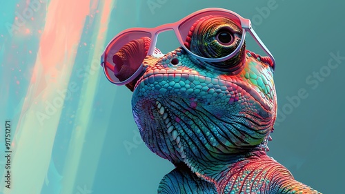 cartoon illustration of chameleon wearing sunglasses with text copy space
