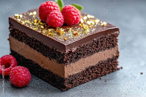 Decadent chocolate cake with fresh raspberries photo