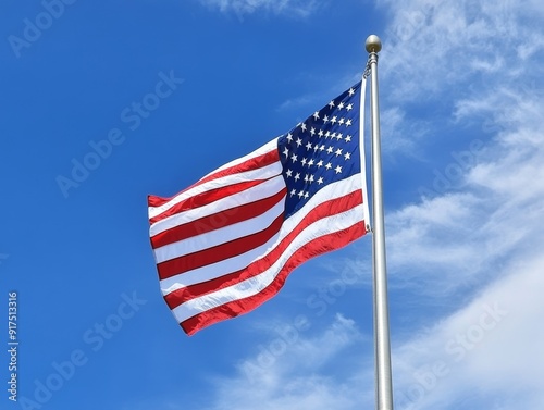 Vintage american flag on rusty flagpole against clear blue sky for a patriotic backdrop