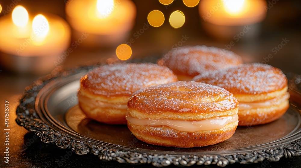 Delicious homemade donuts on a metal tray with holiday lights Delicious homemade donuts on a metal tray with holiday lights