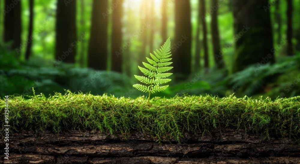 Lush green forest with fern leaf in foreground Lush green forest with fern leaf in foreground