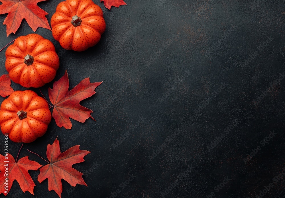 Autumn pumpkins and leaves on dark background Autumn pumpkins and leaves on dark background