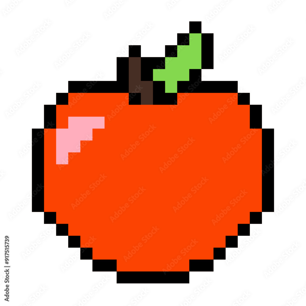 Fototapeta premium Red apple emoji. Pixel art vector icon. Isolated on white background. Vintage 8-bit texture. Minimalistic pixel graphic. Fruit symbol. Old style. 80s,90s video game object design. Back to school.