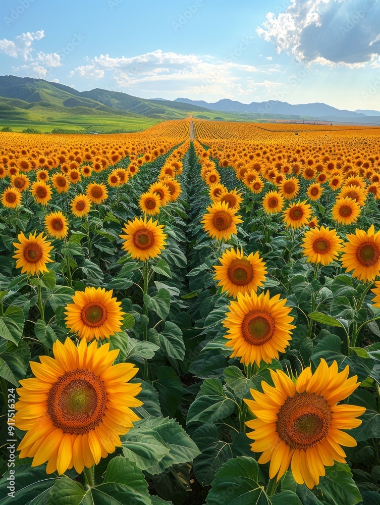 Obraz premium Vast sunflower field under clear blue skies. Rows of bright yellow sunflowers stretching to the horizon. A breathtaking view of nature. Perfect for nature enthusiasts and desktop wallpapers. AI