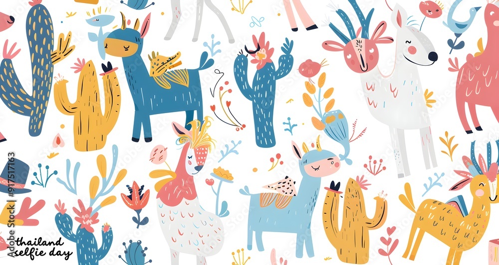 Colorful boho pattern with various cartoon llamas, cacti and flowers seamless, bright colors, clip art stickers, isolated, vector illustration Colorful boho pattern with various cartoon llamas, cacti and flowers seamless, bright colors, clip art stickers, isolated, vector illustration