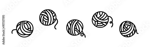 Yarn ball icon set. Black line yarn for knitting, crocheting, sewing. Vector thread icon.