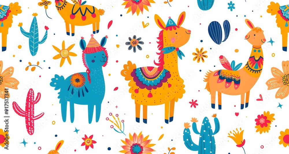 Colorful boho pattern with various cartoon llamas, cacti and flowers seamless, bright colors, clip art stickers, isolated, vector illustration Colorful boho pattern with various cartoon llamas, cacti and flowers seamless, bright colors, clip art stickers, isolated, vector illustration