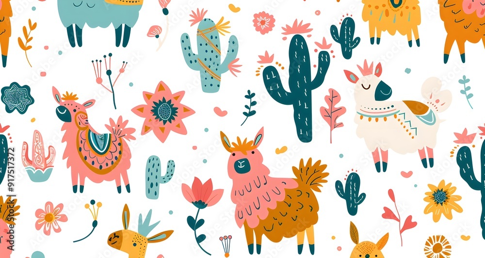 Colorful boho pattern with various cartoon llamas, cacti and flowers seamless, bright colors, clip art stickers, isolated, vector illustration
