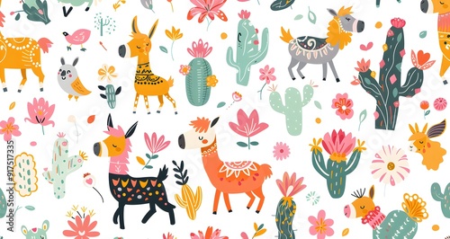 Colorful boho pattern with various cartoon llamas, cacti and flowers seamless, bright colors, clip art stickers, isolated, vector illustration