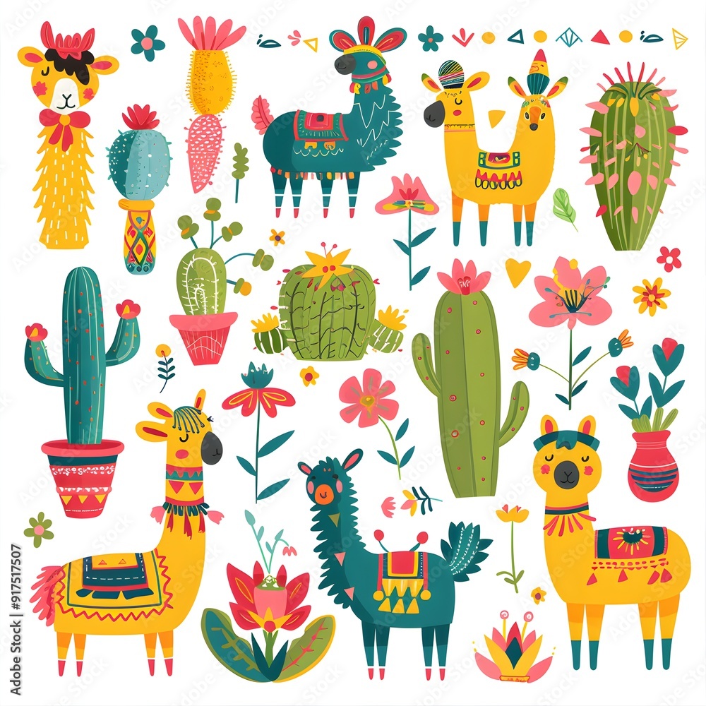 Obraz premium Colorful boho pattern with various cartoon llamas, cacti and flowers seamless, bright colors, clip art stickers, isolated, vector illustration