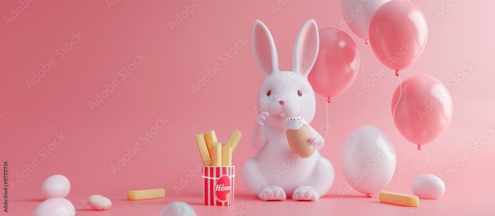 Obraz premium Cute Bunny with Balloons and Easter Eggs