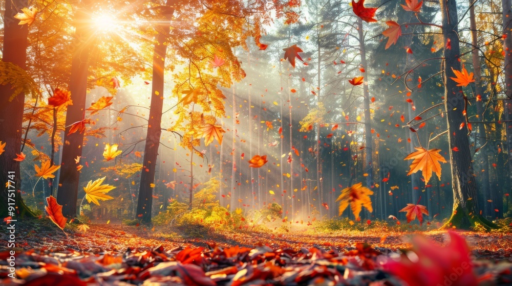 Naklejka premium Enchanting Autumn Forest Scene with Falling Leaves and Sun Rays
