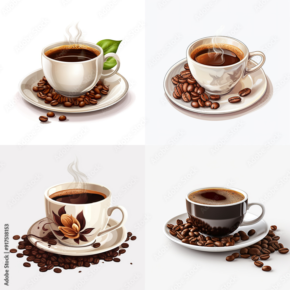 Four Cups of Coffee with Steam and Coffee Beans. Four Cups of Coffee with Steam and Coffee Beans.