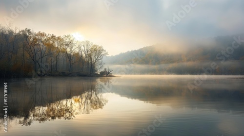 Tranquil Sunrise Over Misty Lake with Trees and Hills