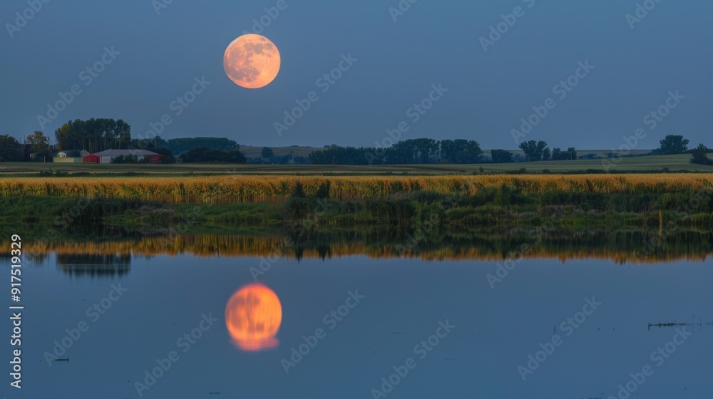 Full Moon Rising Over Serene Lake and Autumn Trees Full Moon Rising Over Serene Lake and Autumn Trees