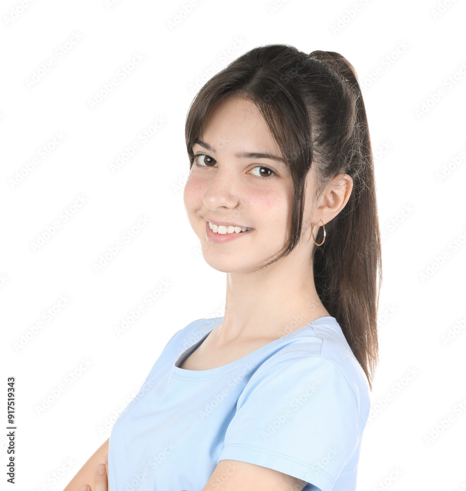 Portrait of smiling teenage girl on white background Portrait of smiling teenage girl on white background