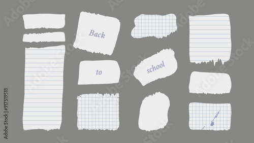 Paper and Elements scrapbooking Old torn crumpled. Sheet with ruler cell. Back to school. Different textures patterns ragged edges imitation of newspaper scraps. Vector illustration.