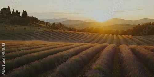 Rolling hills of lavender fields at sunset