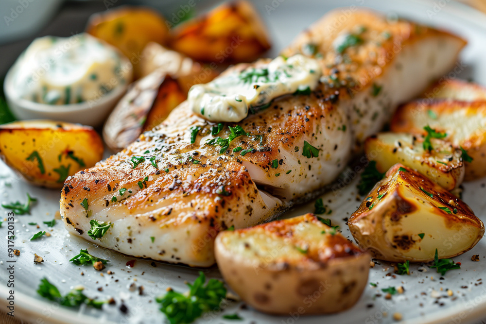 close up of Carp fillet with herb butter and roasted potatoes close up of Carp fillet with herb butter and roasted potatoes