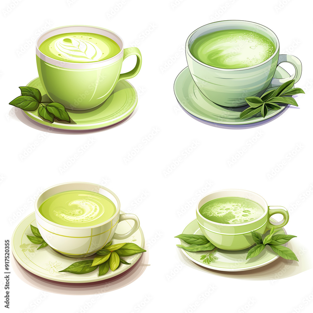 Four Cups of Green Tea with Foamy Tops and Tea Leaves. Four Cups of Green Tea with Foamy Tops and Tea Leaves.