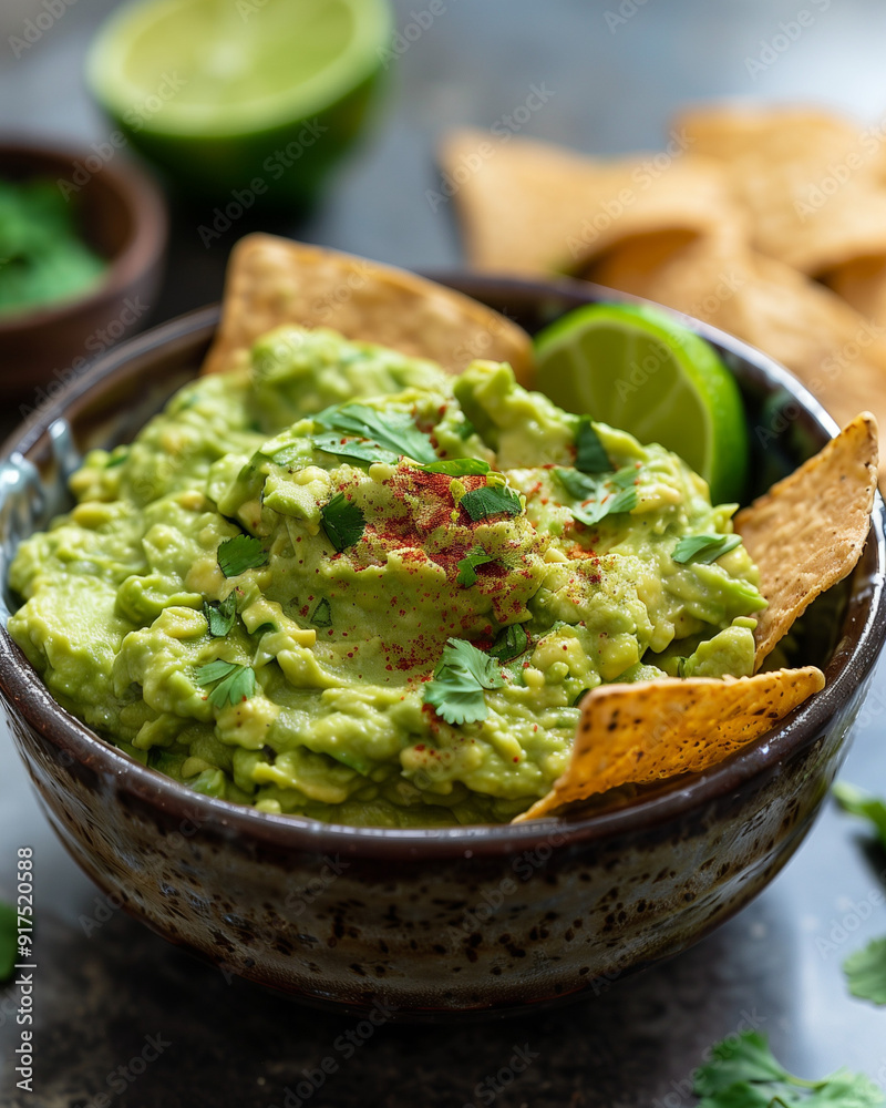 a bowl of creamy guacamole topped with fresh lime wedges, surrounded by crunchy tortilla chips, seasoned with chili powder, ready to enjoy a bowl of creamy guacamole topped with fresh lime wedges, surrounded by crunchy tortilla chips, seasoned with chili powder, ready to enjoy