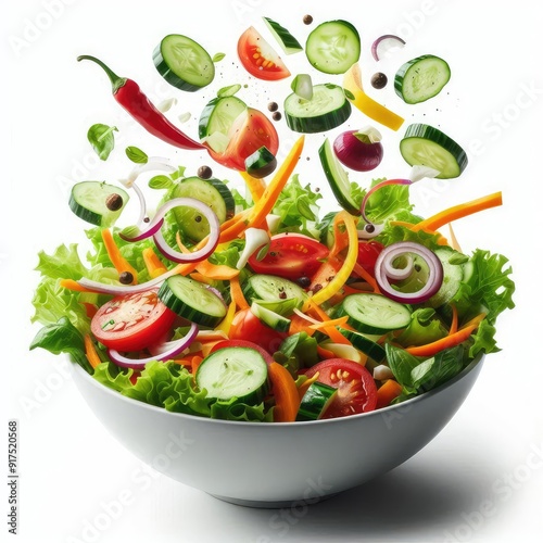 Fresh mixed sliced vegetables falling into a bowl of salad isolated on a white background