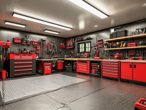 Spacious and bright garage workshop with workbenches, tool storage, red power tool, and cabinets photo