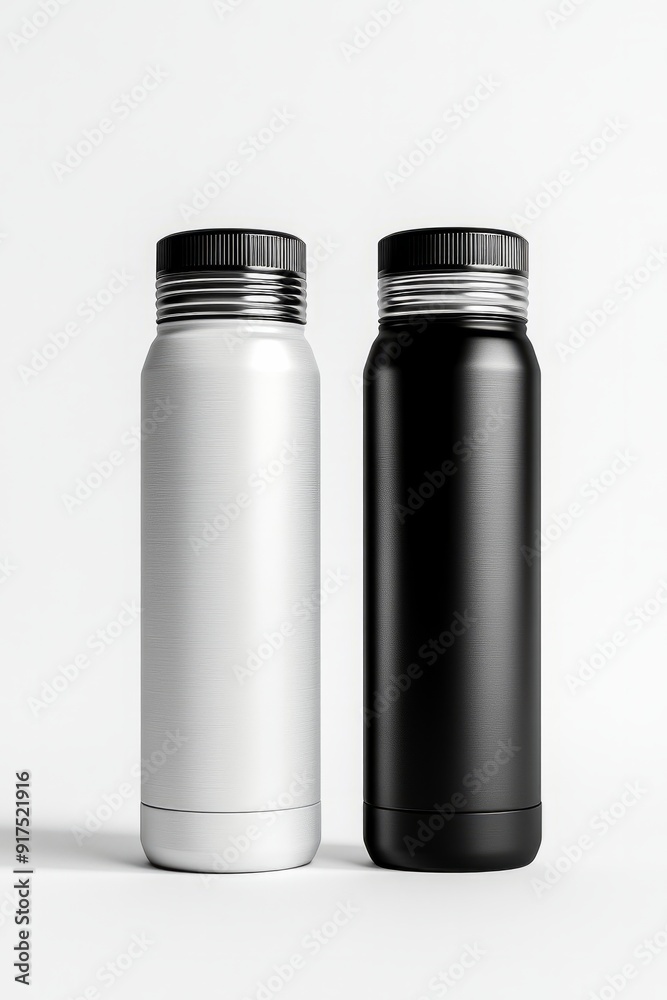Gray and Black Thermos Bottles. Aluminium Thermos Bottle on White Background. 3d rendering mockup for your design logo stock photo