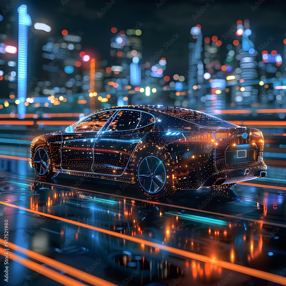 High-performance sports car driving through a bustling city at night with vibrant lights and motion blur. High-performance sports car driving through a bustling city at night with vibrant lights and motion blur.
