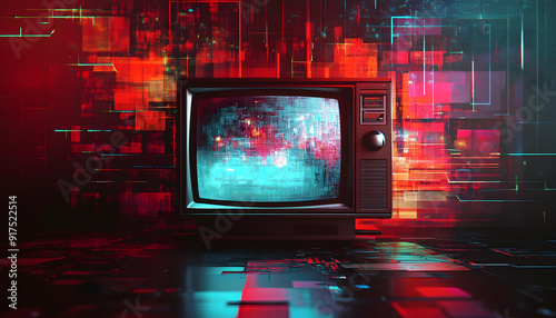 Illustration of a unique TV set glitch background with copy space