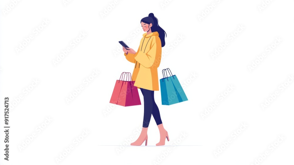 Online shopping concept. Young woman with phone and shopping bags of sale, promotions, online shopping. stock illustration Online shopping concept. Young woman with phone and shopping bags of sale, promotions, online shopping. stock illustration