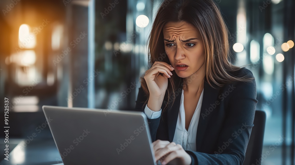 Businesswoman in a suit looks worried while working on a laptop in a modern office, depicting stress and concern in the workplace. Businesswoman in a suit looks worried while working on a laptop in a modern office, depicting stress and concern in the workplace.