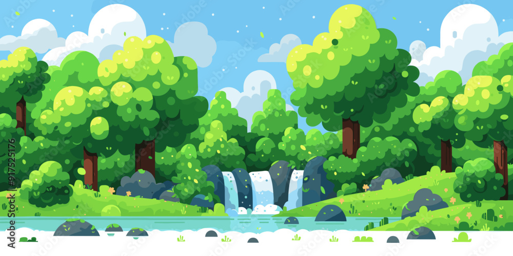 Scenic cartoon landscape with lush green trees, flowing waterfall, serene river, blue sky, peaceful nature scene, forest illustration, vibrant foliage, animated background, outdoor beauty, tranquil en