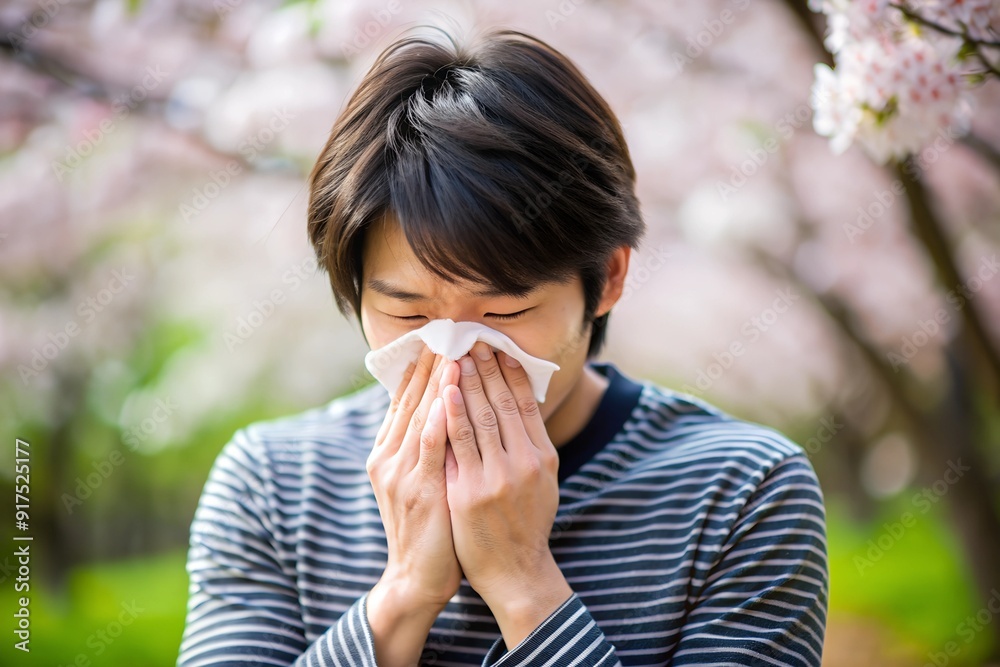 Japanese person with acute allergy discomfort Japanese person with acute allergy discomfort