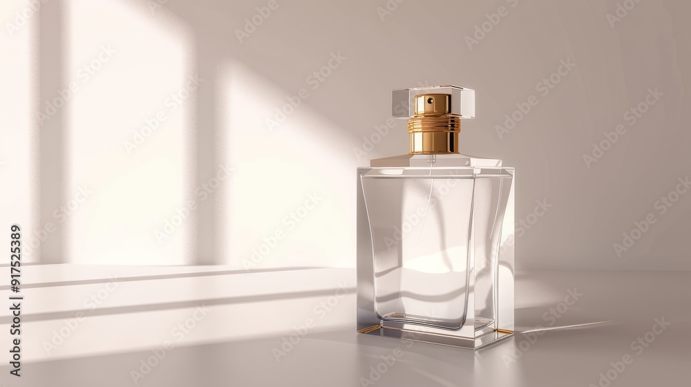 Clear Glass Perfume Bottle with Gold Cap on a White Surface. Clear Glass Perfume Bottle with Gold Cap on a White Surface.