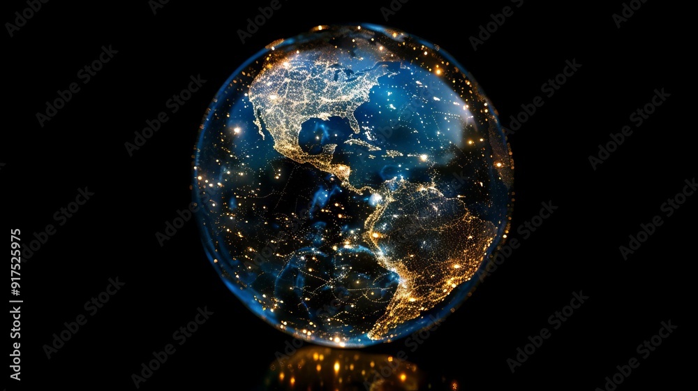 Obraz premium A captivating image of a blue and gold globe illuminated by surrounding lights. Perfect for various design projects and presentations