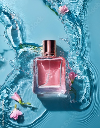 Perfume fragrance bottle on floral background. Top view of Transparent glass pink perfume bottle over rippled blue water background. splash of water. Flat lay, copy space