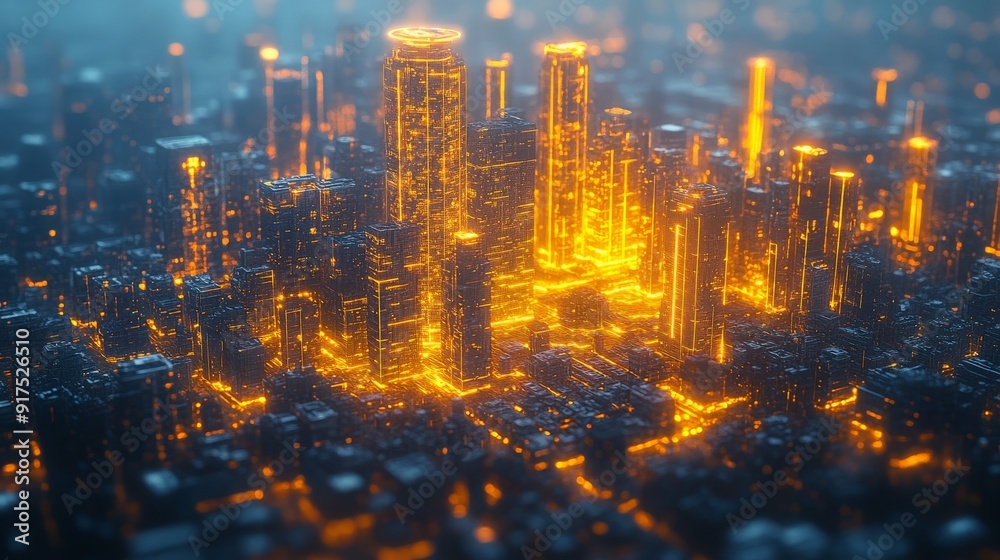 Fototapeta premium a holographic representation of the city. Illuminated layered terrain. 