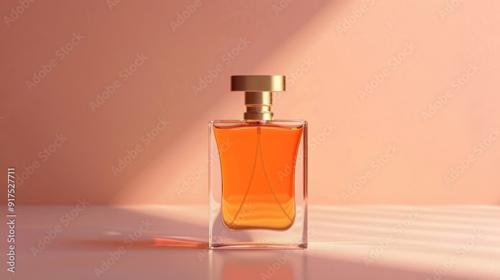 A glass bottle of perfume with a gold lid sits on a pink surface, with soft light from the window creating shadows.